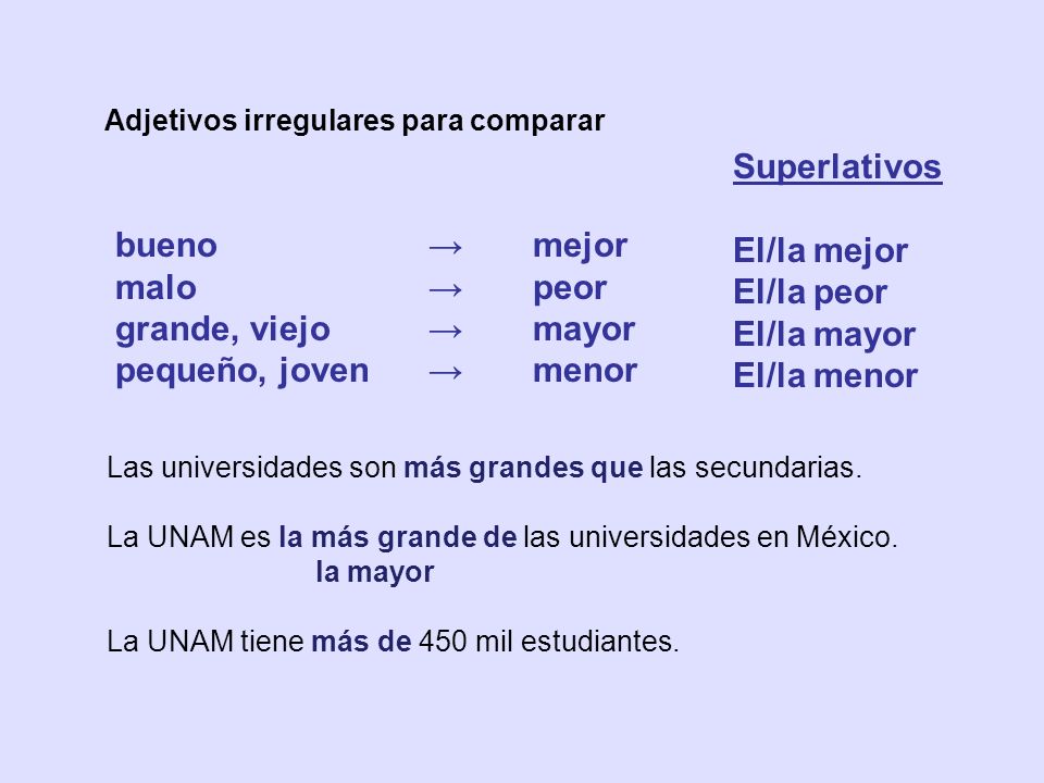 Superlativos El/la mejor El/la peor bueno → mejor El/la mayor