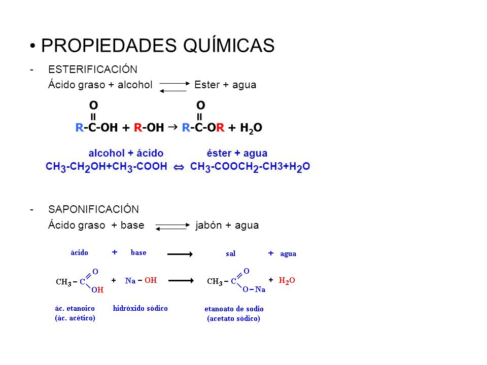 PROPIEDADES QUÍMICAS ESTERIFICACIÓN Ácido graso + alcohol Ester + agua