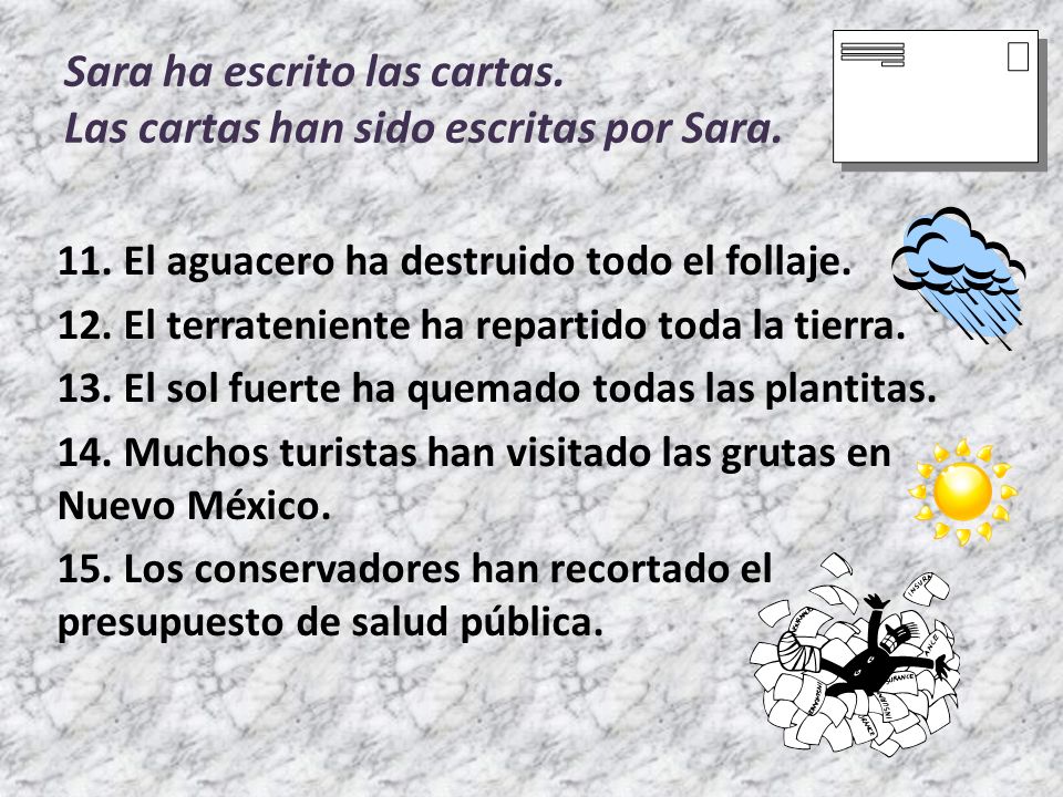 Sara ha escrito las cartas. Las cartas han sido escritas por Sara.