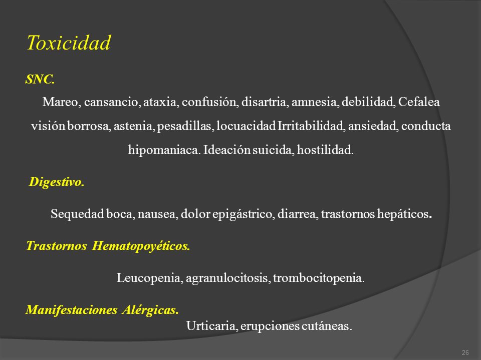 Toxicidad SNC. Mareo, cansancio, ataxia, confusión, disartria, amnesia, debilidad, Cefalea.