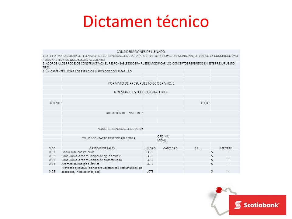 Dictamen técnico PRESUPUESTO DE OBRA TIPO. CONSIDERACIONES DE LLENADO.