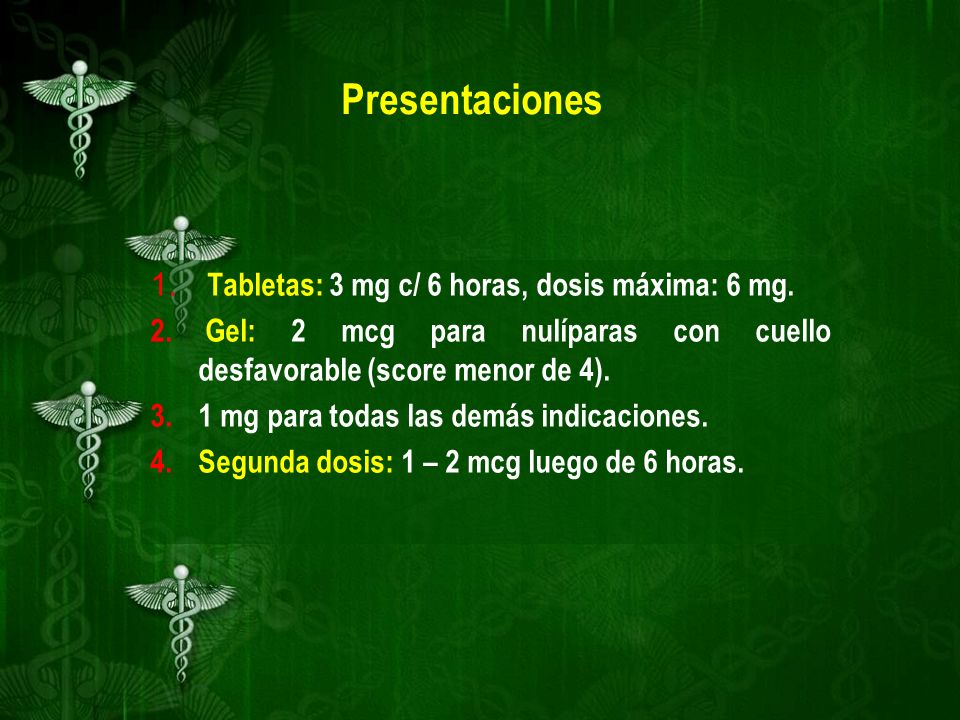 Presentaciones Tabletas: 3 mg c/ 6 horas, dosis máxima: 6 mg.