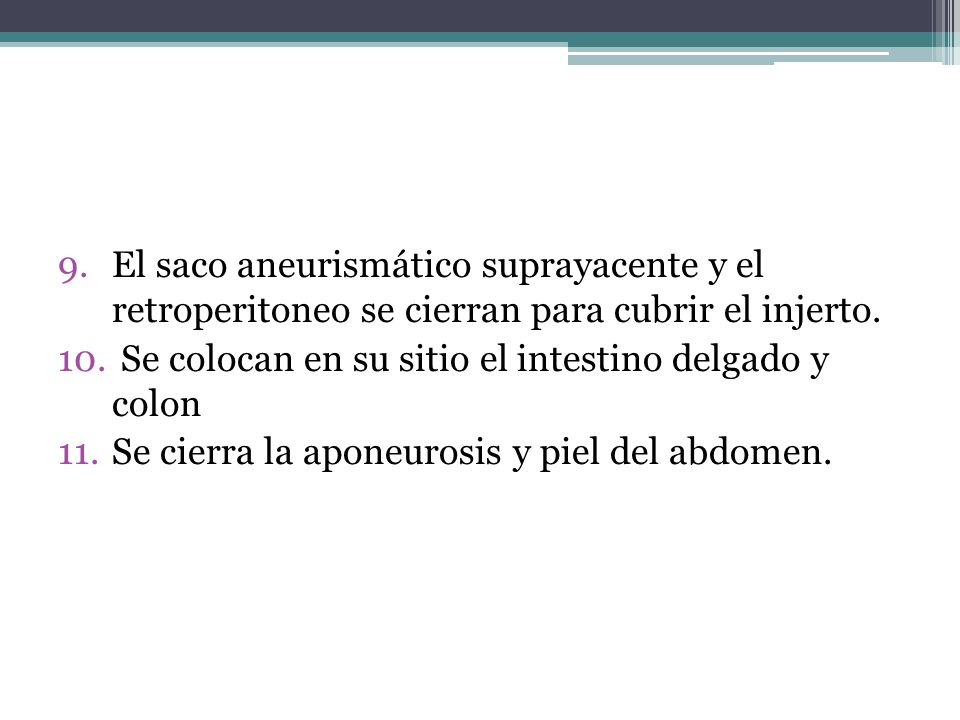 El saco aneurismático suprayacente y el retroperitoneo se cierran para cubrir el injerto.