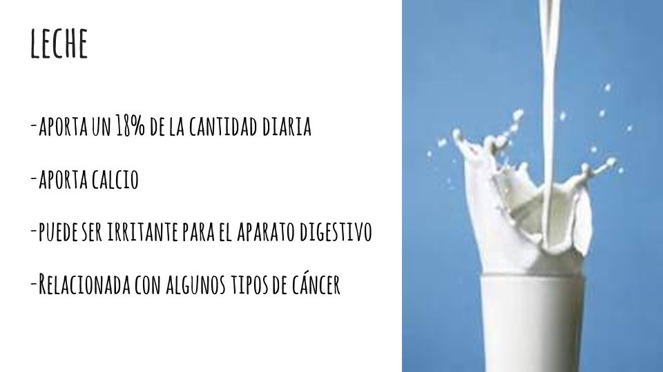 leche -aporta un 18% de la cantidad diaria -aporta calcio