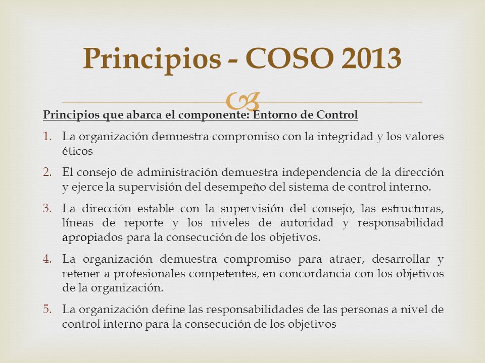Principios - COSO 2013 Principios que abarca el componente: Entorno de Control.