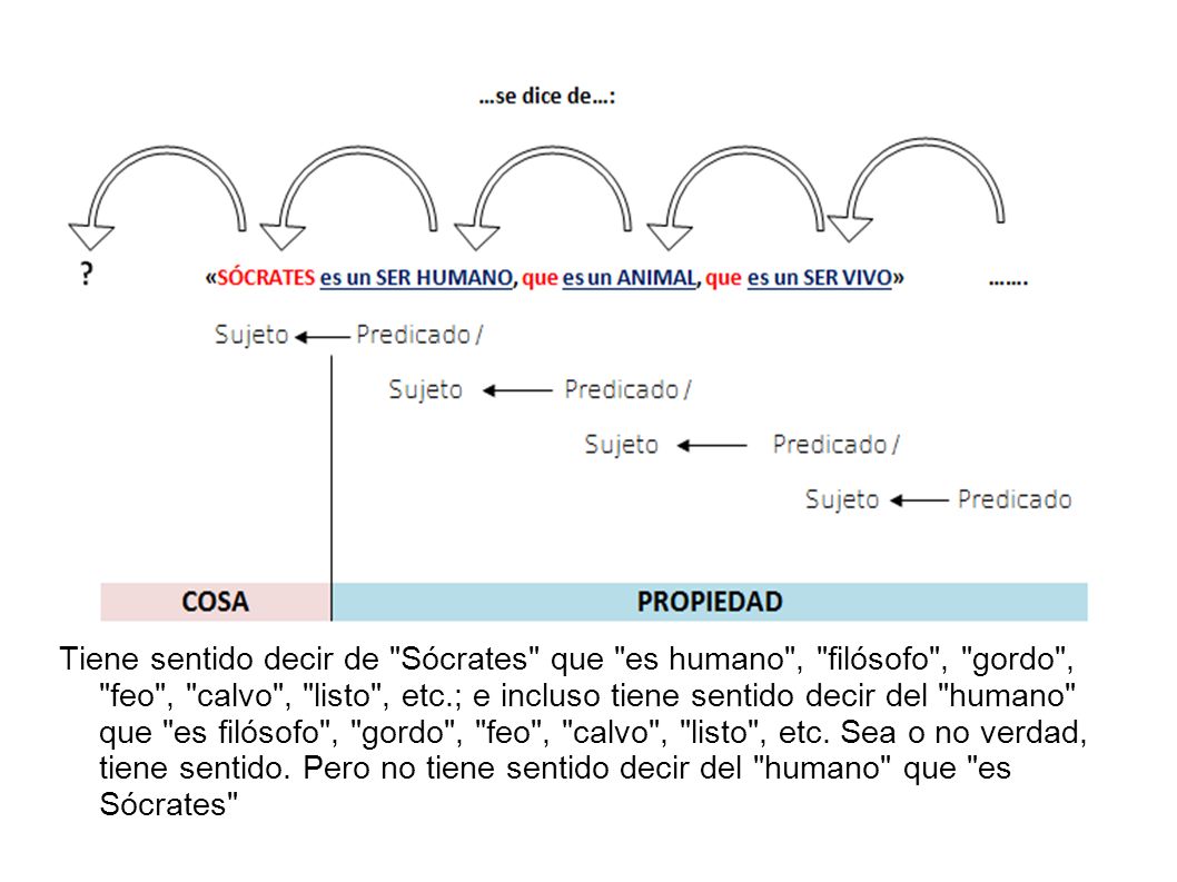 Tiene sentido decir de Sócrates que es humano , filósofo , gordo , feo , calvo , listo , etc.; e incluso tiene sentido decir del humano que es filósofo , gordo , feo , calvo , listo , etc.