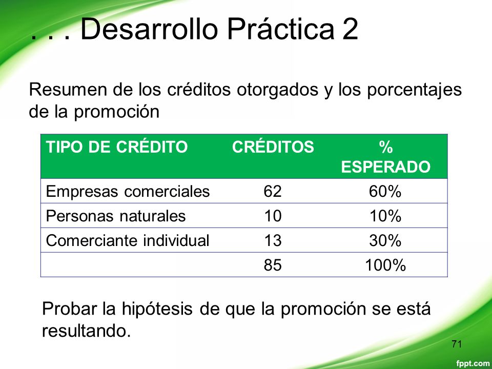 . . . Desarrollo Práctica 2 Resumen de los créditos otorgados y los porcentajes de la promoción. TIPO DE CRÉDITO.