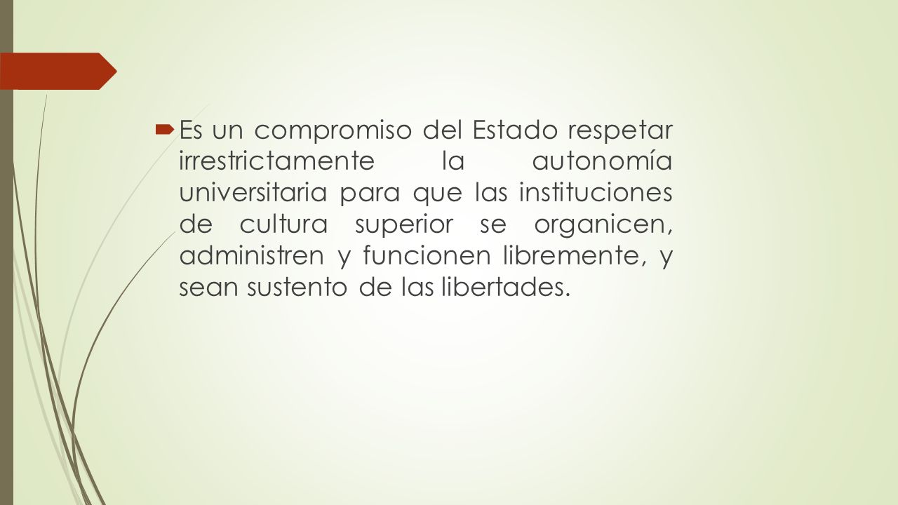 Es un compromiso del Estado respetar irrestrictamente la autonomía universitaria para que las instituciones de cultura superior se organicen, administren y funcionen libremente, y sean sustento de las libertades.