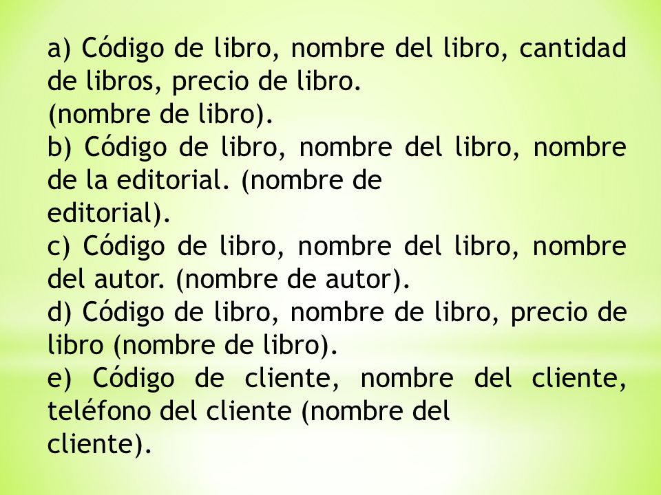 a) Código de libro, nombre del libro, cantidad de libros, precio de libro.