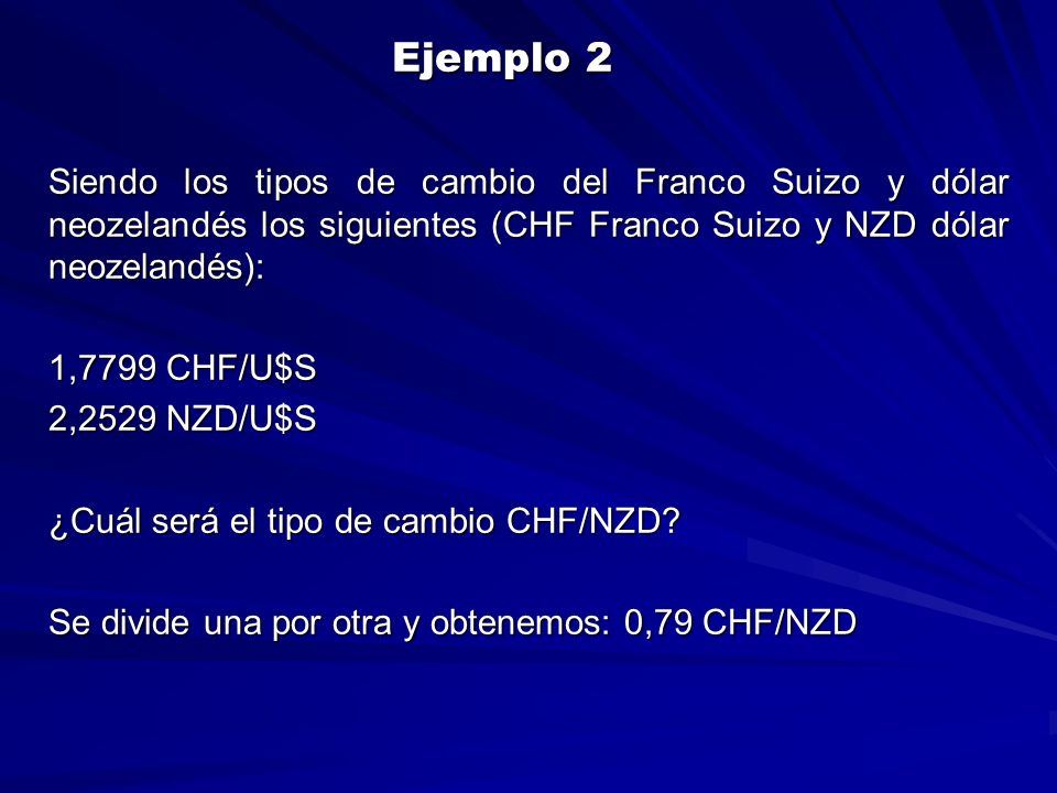 Ejemplo 2 Siendo los tipos de cambio del Franco Suizo y dólar neozelandés los siguientes (CHF Franco Suizo y NZD dólar neozelandés):