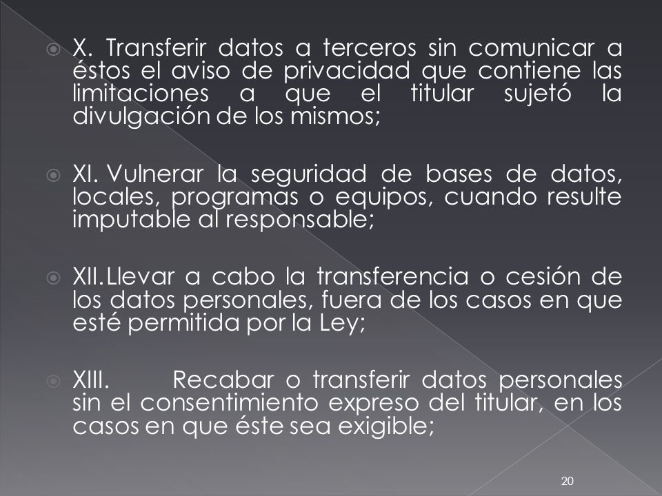 X. Transferir datos a terceros sin comunicar a éstos el aviso de privacidad que contiene las limitaciones a que el titular sujetó la divulgación de los mismos;
