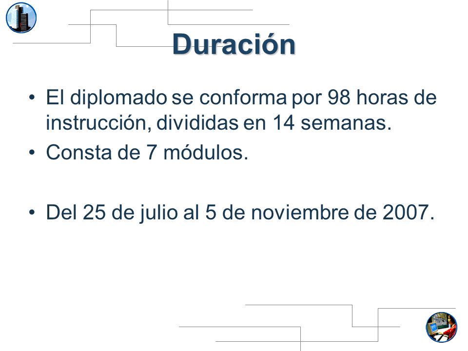 Duración El diplomado se conforma por 98 horas de instrucción, divididas en 14 semanas. Consta de 7 módulos.