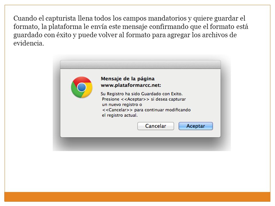 Cuando el capturista llena todos los campos mandatorios y quiere guardar el