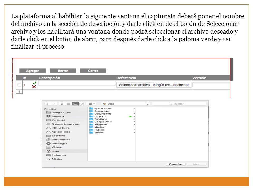 La plataforma al habilitar la siguiente ventana el capturista deberá poner el nombre del archivo en la sección de descripción y darle click en de el botón de Seleccionar archivo y les habilitará una ventana donde podrá seleccionar el archivo deseado y darle click en el botón de abrir, para después darle click a la paloma verde y así finalizar el proceso.