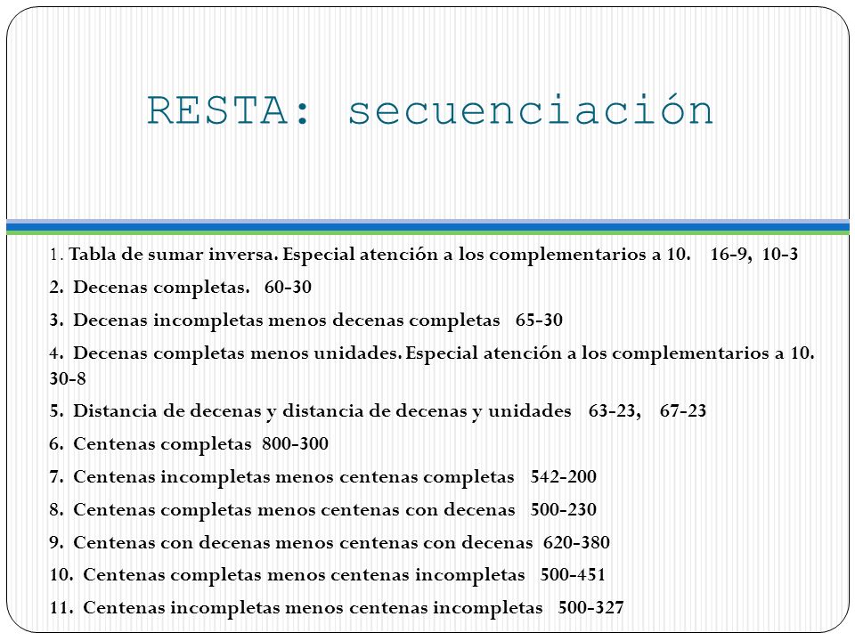 RESTA: secuenciación 1. Tabla de sumar inversa. Especial atención a los complementarios a ,