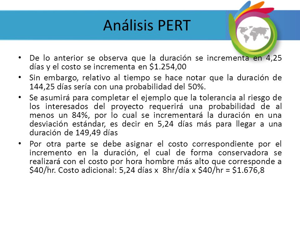 Análisis PERT De lo anterior se observa que la duración se incrementa en 4,25 días y el costo se incrementa en $1.254,00.
