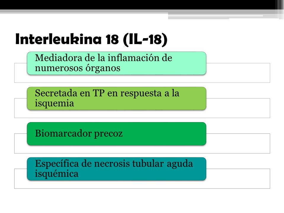 Interleukina 18 (IL-18) Mediadora de la inflamación de numerosos órganos. Secretada en TP en respuesta a la isquemia.