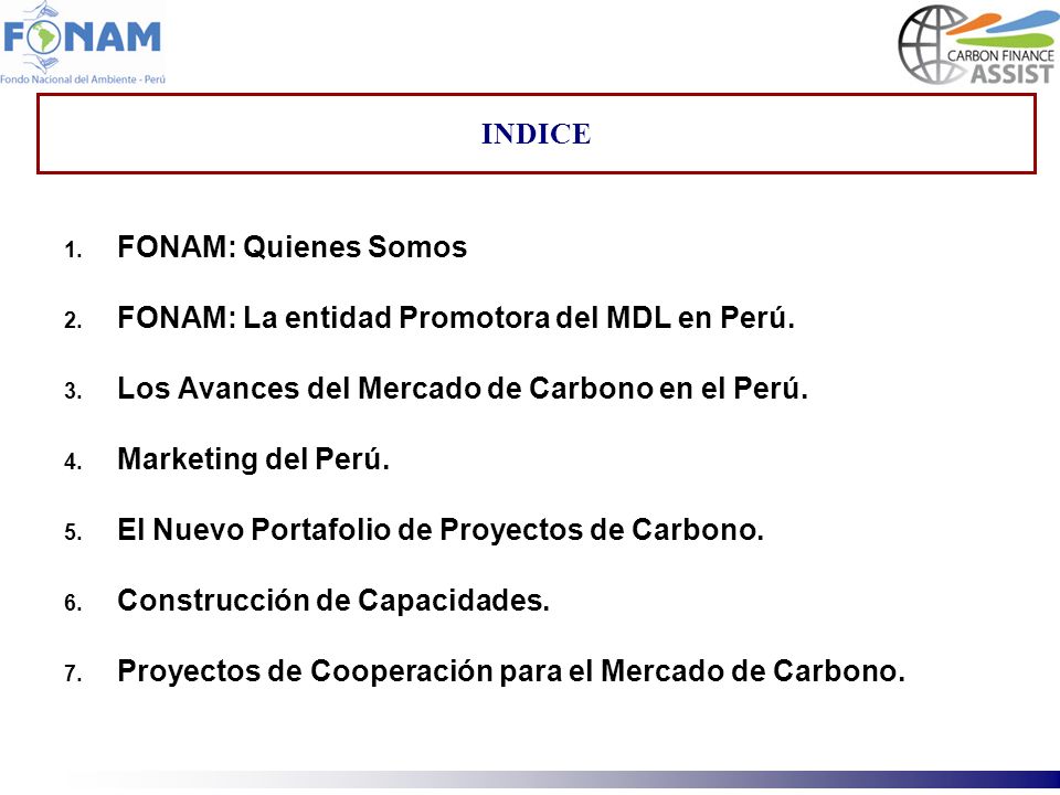 INDICE FONAM: Quienes Somos. FONAM: La entidad Promotora del MDL en Perú. Los Avances del Mercado de Carbono en el Perú.