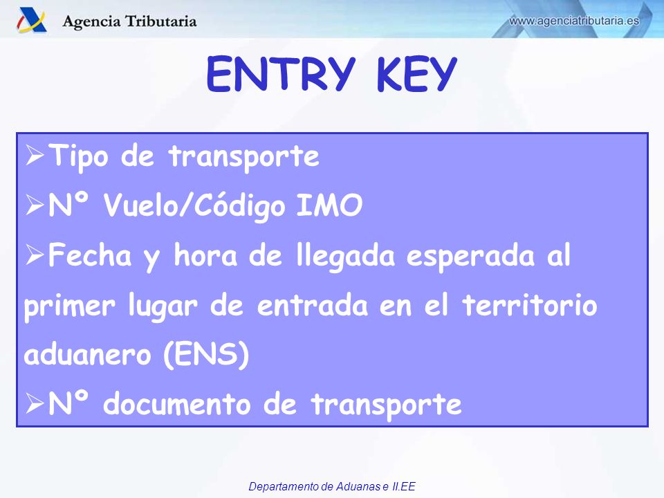ENTRY KEY Tipo de transporte Nº Vuelo/Código IMO