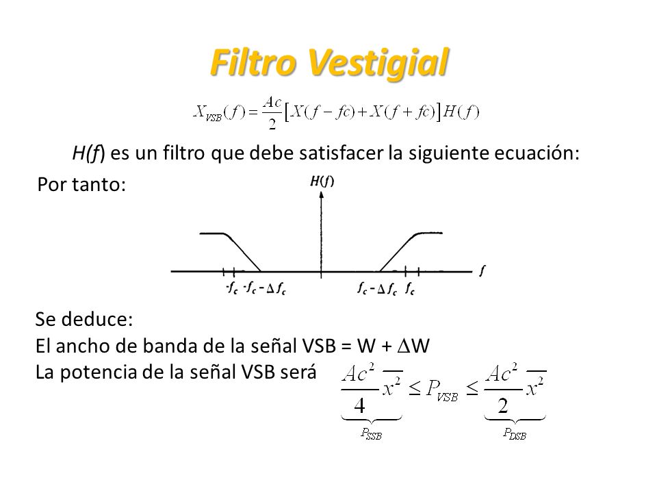 Filtro Vestigial H(f) es un filtro que debe satisfacer la siguiente ecuación: Por tanto: Se deduce: