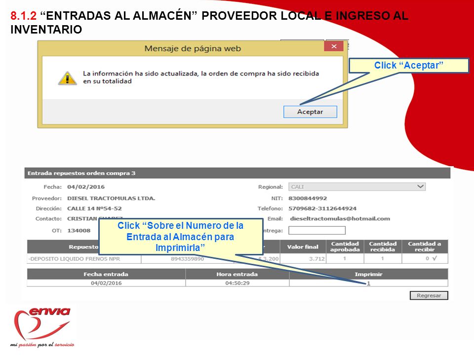 Click Sobre el Numero de la Entrada al Almacén para Imprimirla