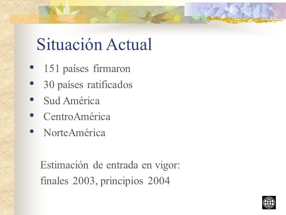 Situación Actual 151 países firmaron 30 países ratificados Sud América