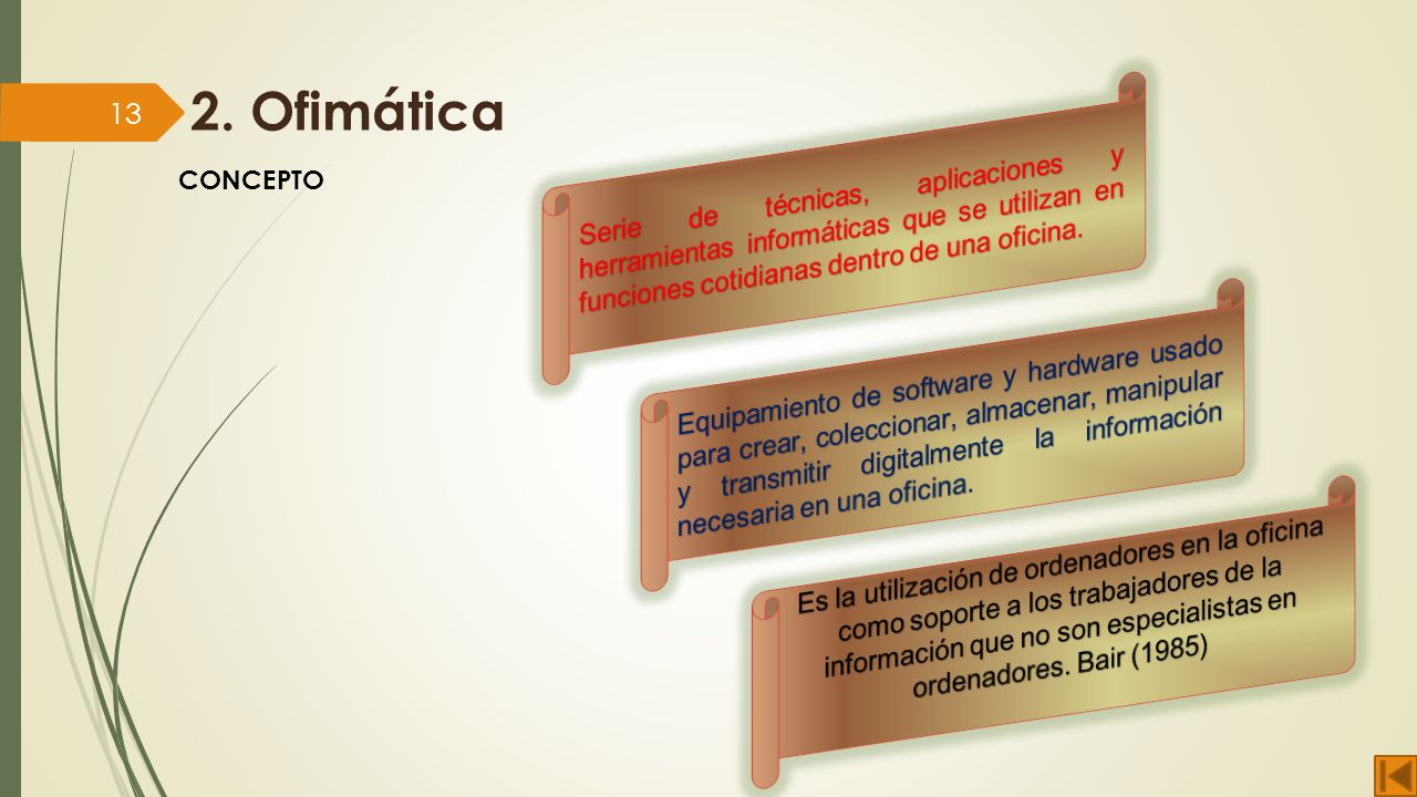 2. Ofimática Serie de técnicas, aplicaciones y herramientas informáticas que se utilizan en funciones cotidianas dentro de una oficina.