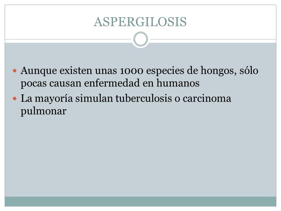 ASPERGILOSIS Aunque existen unas 1000 especies de hongos, sólo pocas causan enfermedad en humanos.