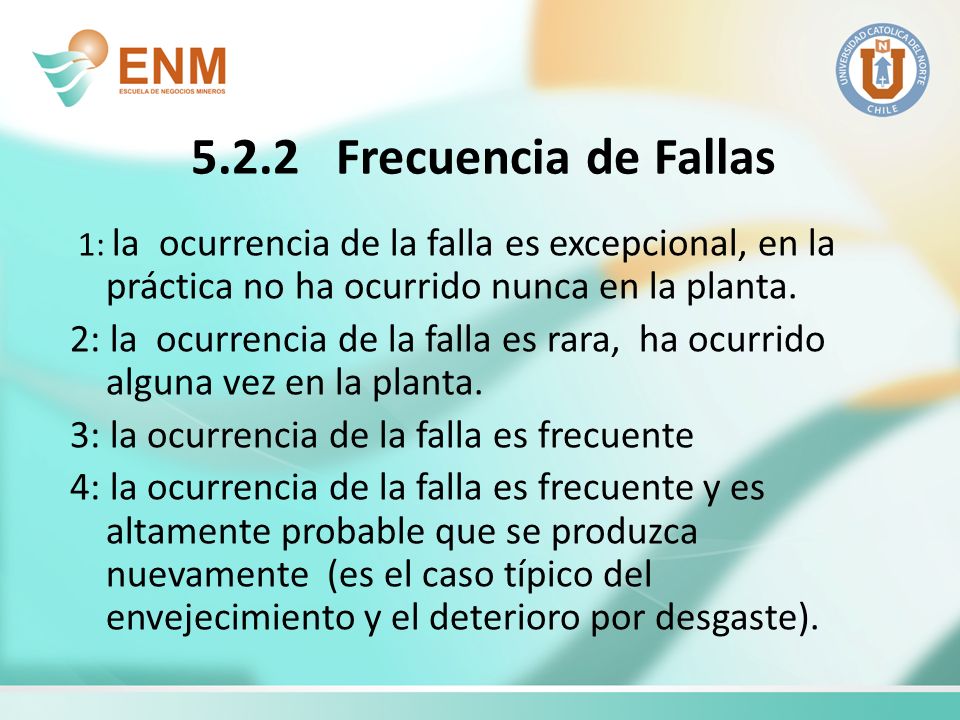 5.2.2 Frecuencia de Fallas 1: la ocurrencia de la falla es excepcional, en la práctica no ha ocurrido nunca en la planta.