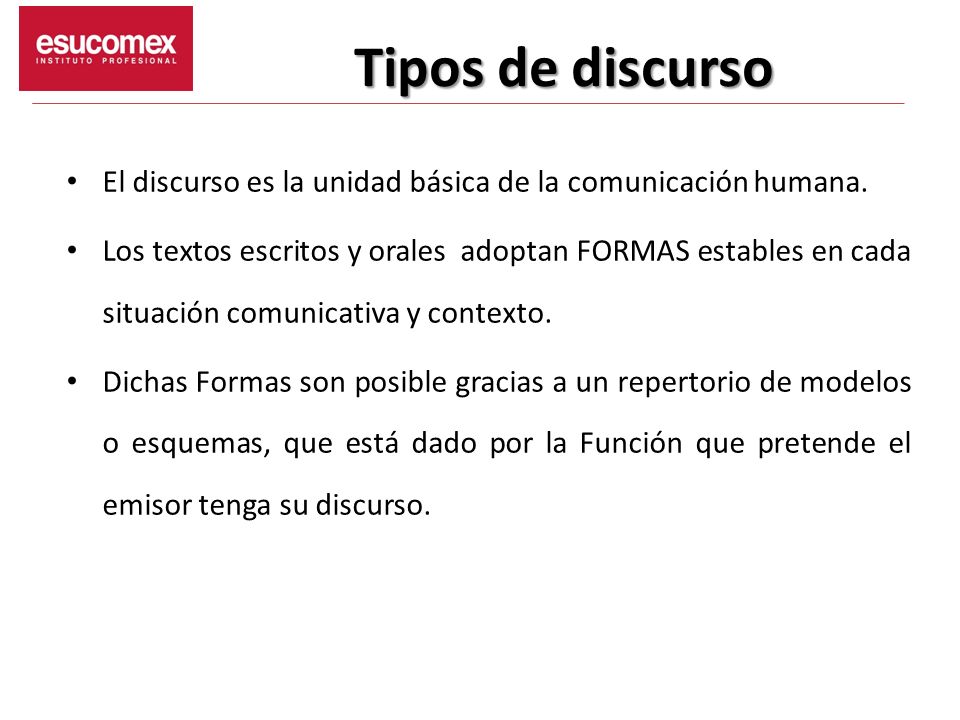 Tipos de discurso El discurso es la unidad básica de la comunicación humana.