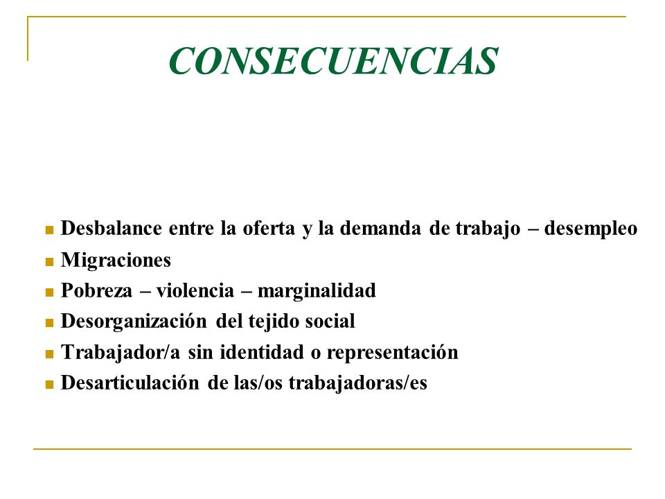 CONSECUENCIAS Desbalance entre la oferta y la demanda de trabajo – desempleo. Migraciones. Pobreza – violencia – marginalidad.