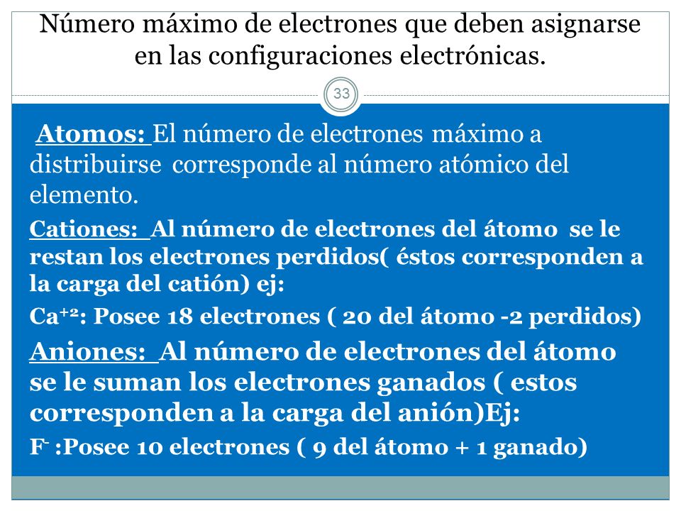 Número máximo de electrones que deben asignarse en las configuraciones electrónicas.