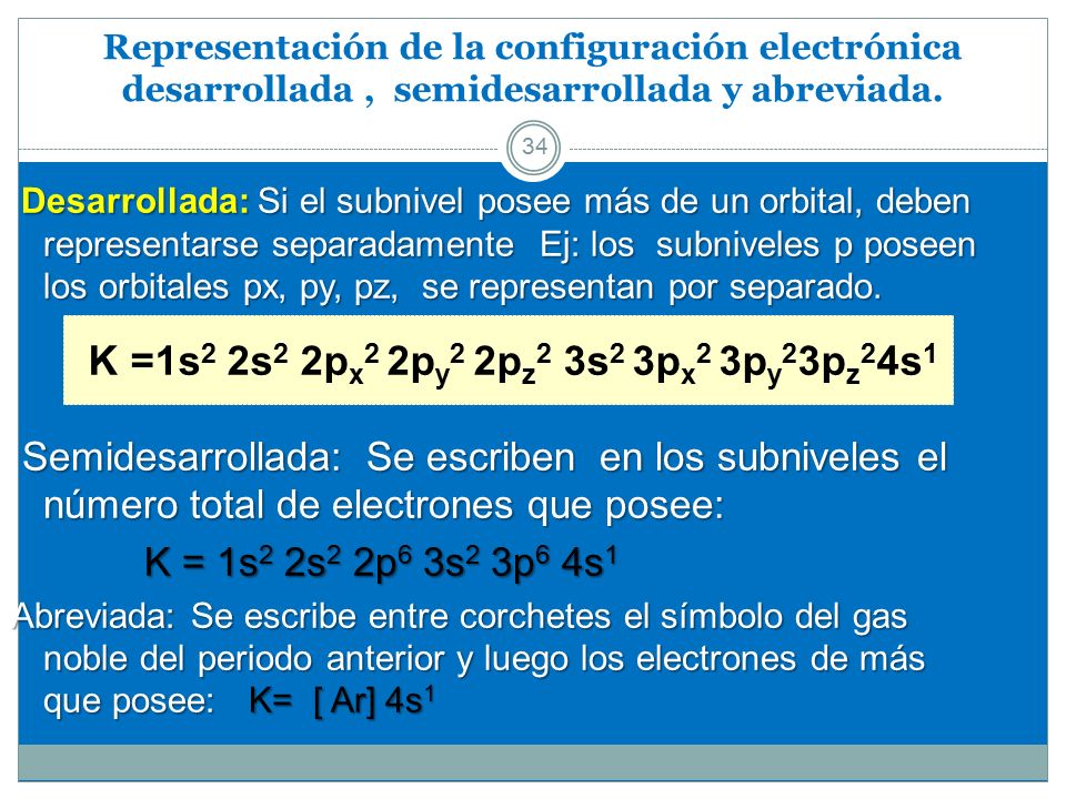 Representación de la configuración electrónica desarrollada , semidesarrollada y abreviada.