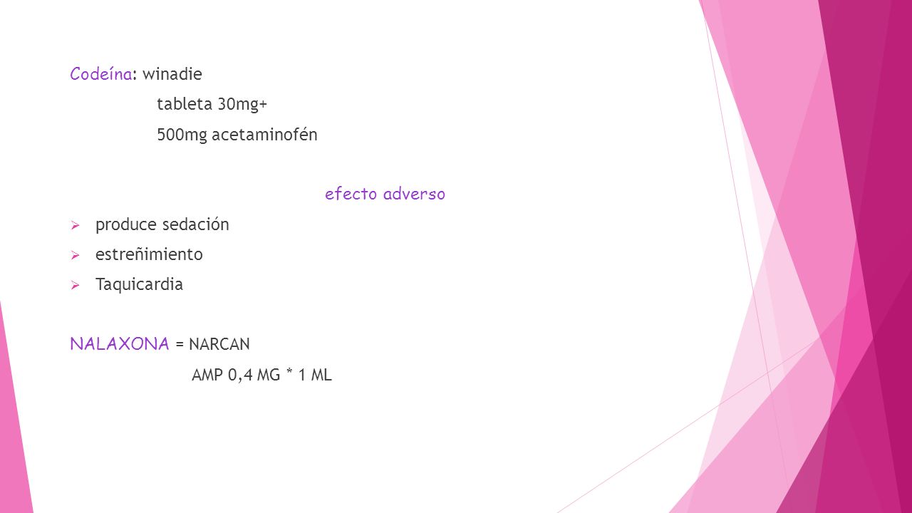 Codeína: winadie tableta 30mg+ 500mg acetaminofén. efecto adverso. produce sedación. estreñimiento.