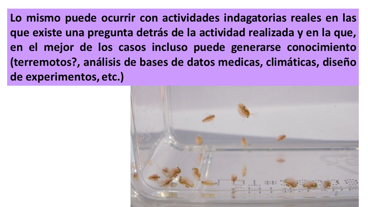Lo mismo puede ocurrir con actividades indagatorias reales en las que existe una pregunta detrás de la actividad realizada y en la que, en el mejor de los casos incluso puede generarse conocimiento (terremotos , análisis de bases de datos medicas, climáticas, diseño de experimentos, etc.)