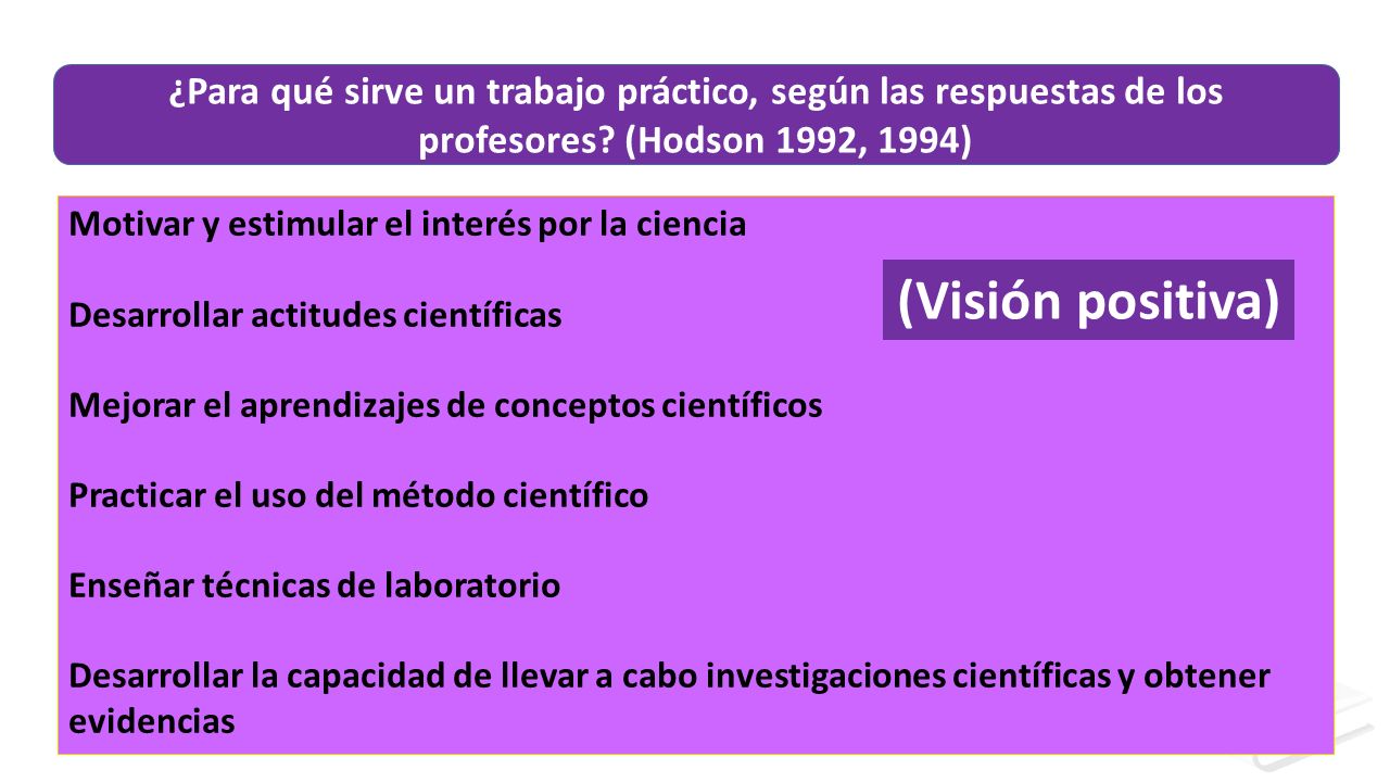 ¿Para qué sirve un trabajo práctico, según las respuestas de los profesores (Hodson 1992, 1994)
