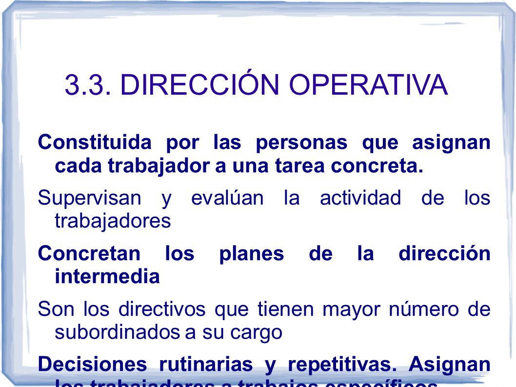 3.3. DIRECCIÓN OPERATIVA Constituida por las personas que asignan cada trabajador a una tarea concreta.