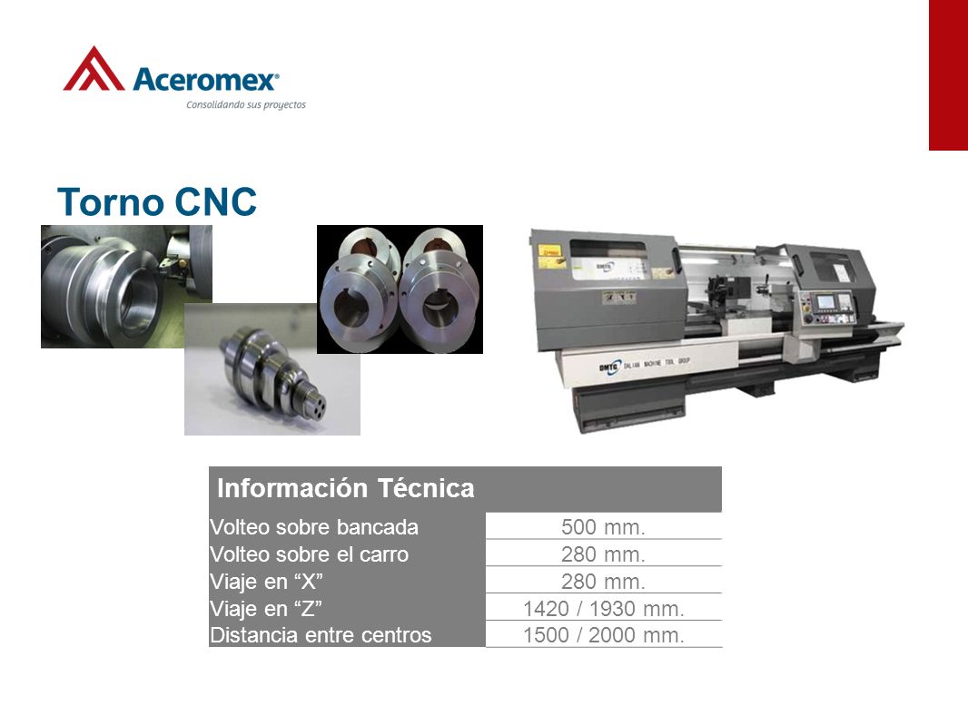 Torno CNC Información Técnica 500 mm. Volteo sobre bancada 280 mm.