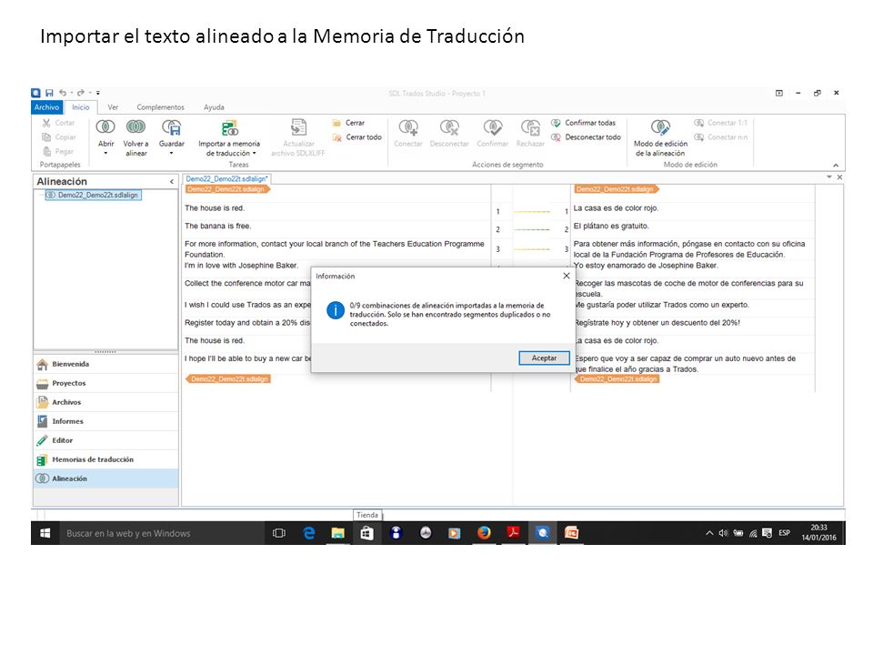 Importar el texto alineado a la Memoria de Traducción