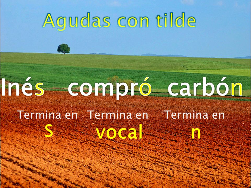 Inés compró carbón Agudas con tilde vocal n S Termina en Termina en