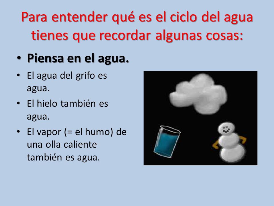 Para entender qué es el ciclo del agua tienes que recordar algunas cosas: