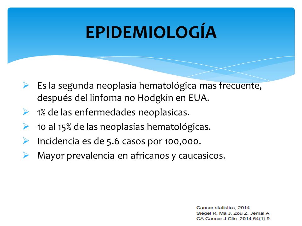 EPIDEMIOLOGÍA Es la segunda neoplasia hematológica mas frecuente, después del linfoma no Hodgkin en EUA.