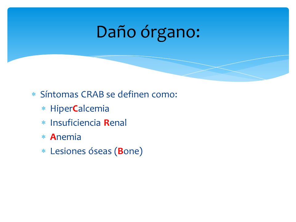 Daño órgano: Síntomas CRAB se definen como: HiperCalcemia