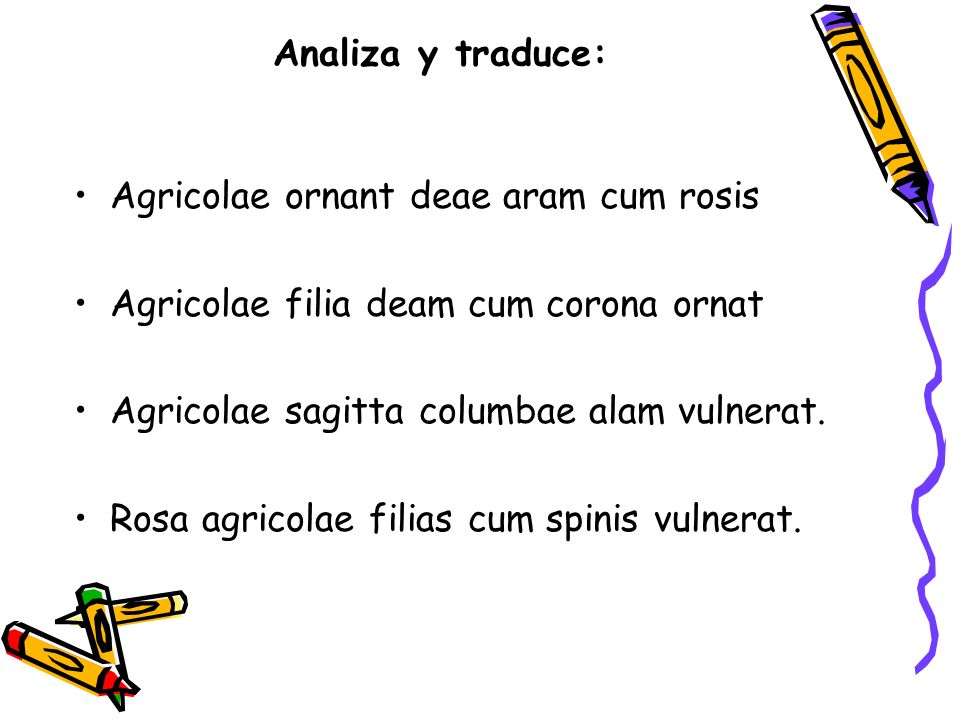 Analiza y traduce: Agricolae ornant deae aram cum rosis. Agricolae filia deam cum corona ornat. Agricolae sagitta columbae alam vulnerat.