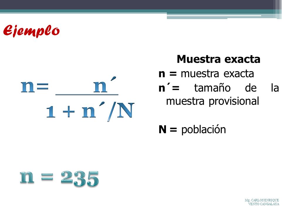 Ejemplo Muestra exacta n = muestra exacta n´= tamaño de la muestra provisional N = población n= n´