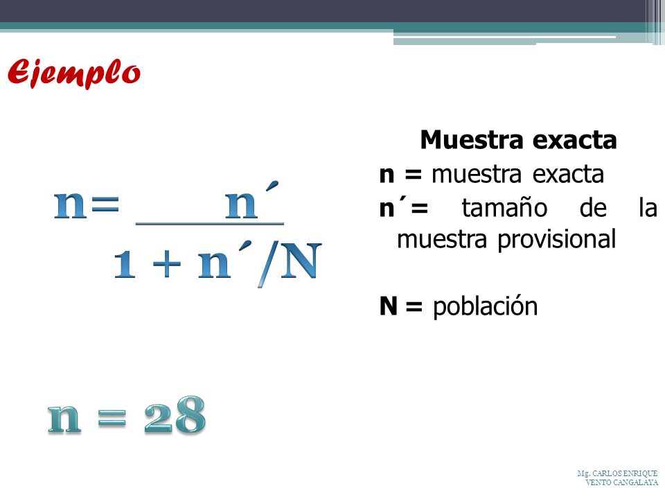 Ejemplo Muestra exacta n = muestra exacta n´= tamaño de la muestra provisional N = población n= n´