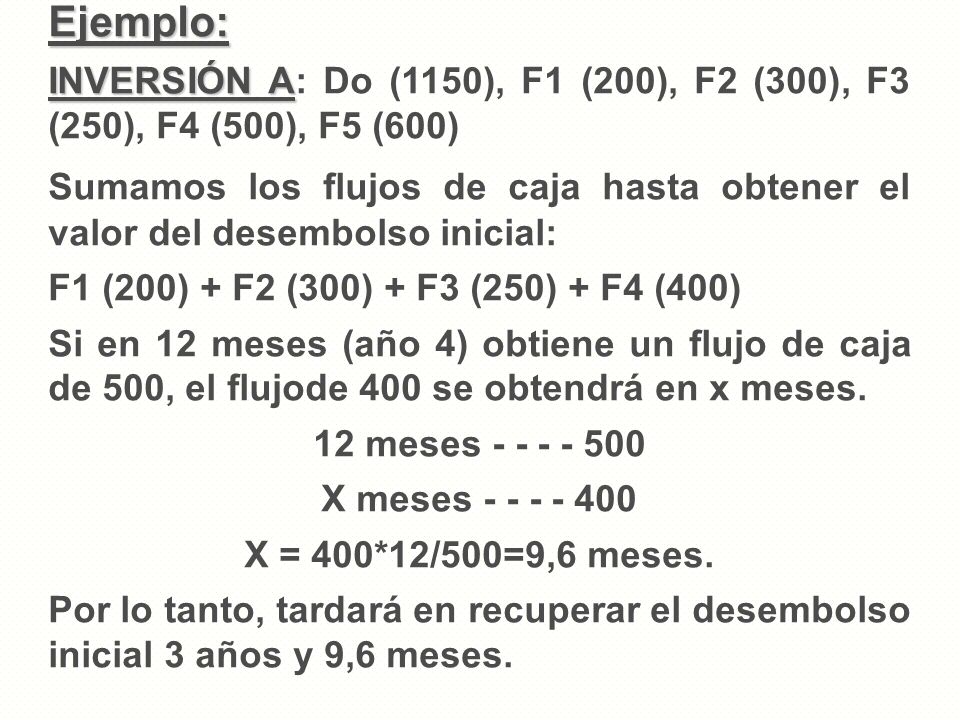 Ejemplo: INVERSIÓN A: Do (1150), F1 (200), F2 (300), F3 (250), F4 (500), F5 (600)