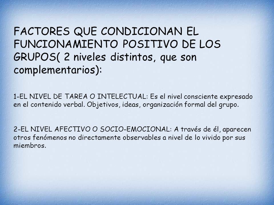 FACTORES QUE CONDICIONAN EL FUNCIONAMIENTO POSITIVO DE LOS GRUPOS( 2 niveles distintos, que son complementarios):