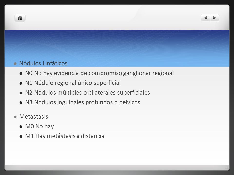 Nódulos Linfáticos N0 No hay evidencia de compromiso ganglionar regional. N1 Nódulo regional único superficial.