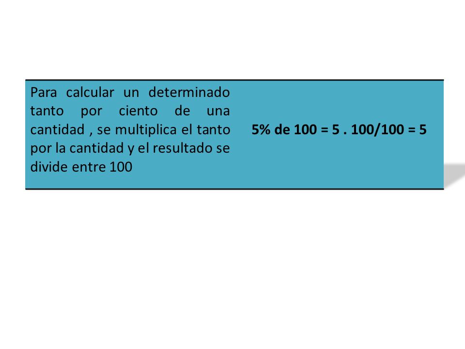 Para calcular un determinado tanto por ciento de una cantidad , se multiplica el tanto por la cantidad y el resultado se divide entre 100